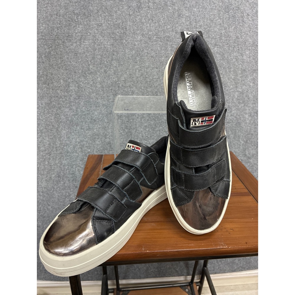 Napapijri Dahlia Black Leather Metallic Triple Strap Sneakers Womens 9.5